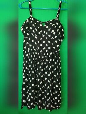 AUW Black Dress Divided White Cat-Head Print Mini Sz XL Keyhole Adjustable Strap